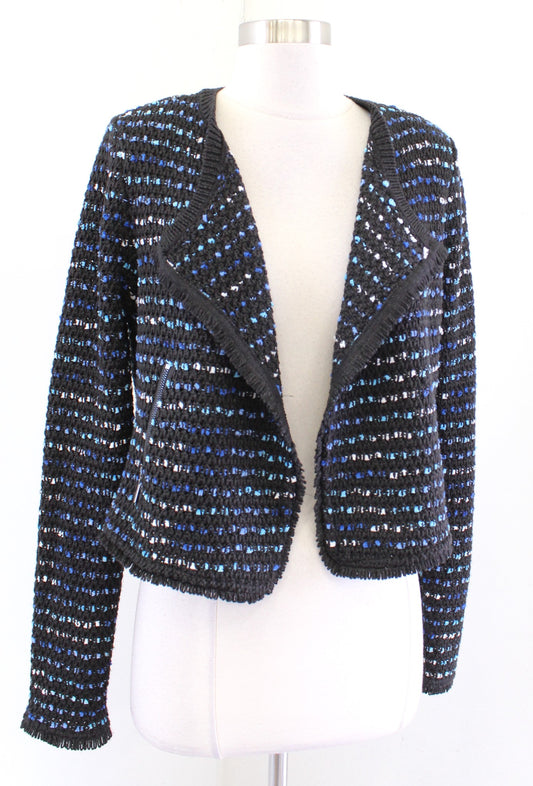 White House Black Market Black Blue Tweed Knit Crop Sweater Blazer Jacket Size S