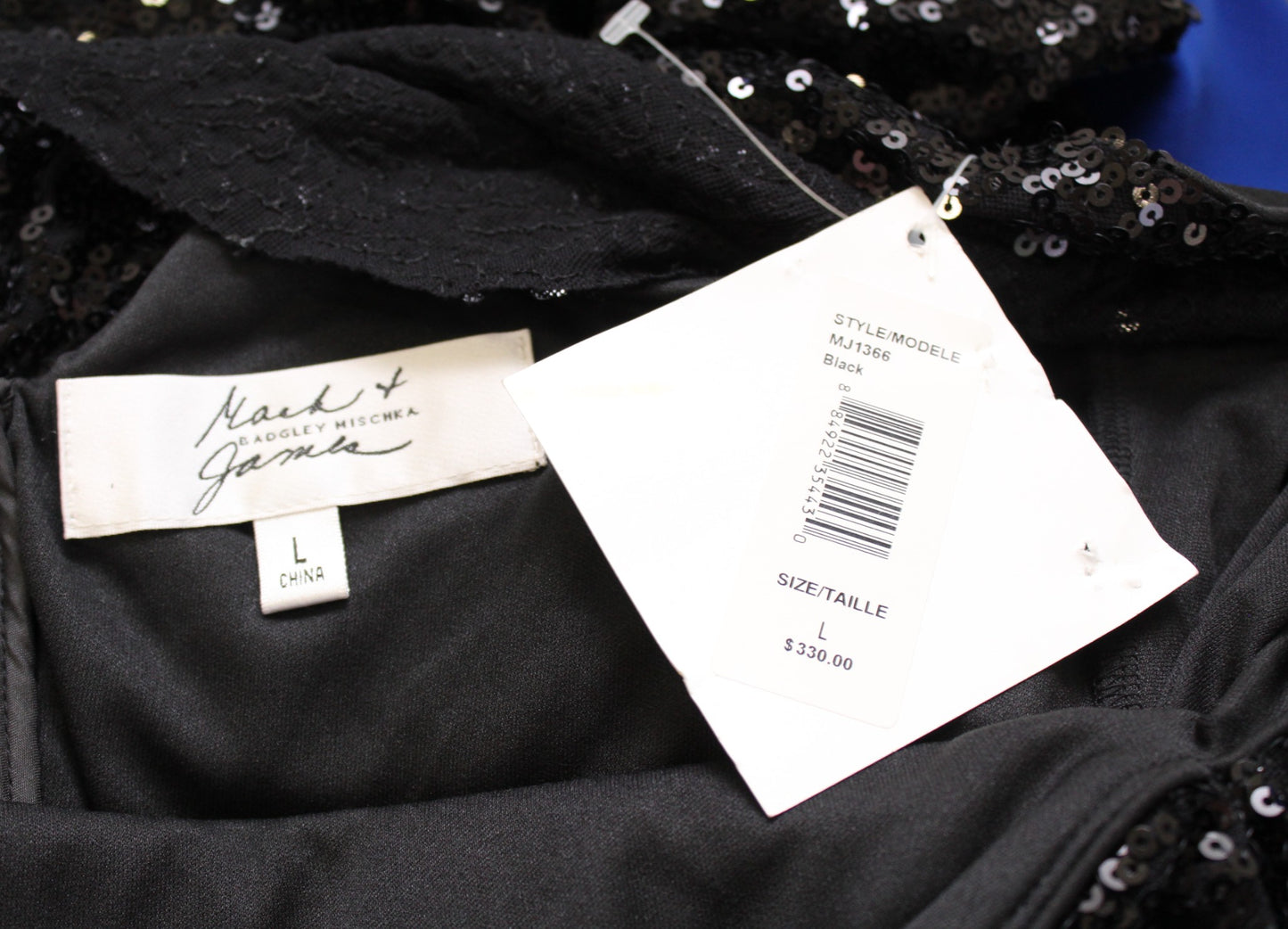 NWT $330 Badgley Mischka Mark James Black Sequin Ruched Ruffle Party Dress Sz L