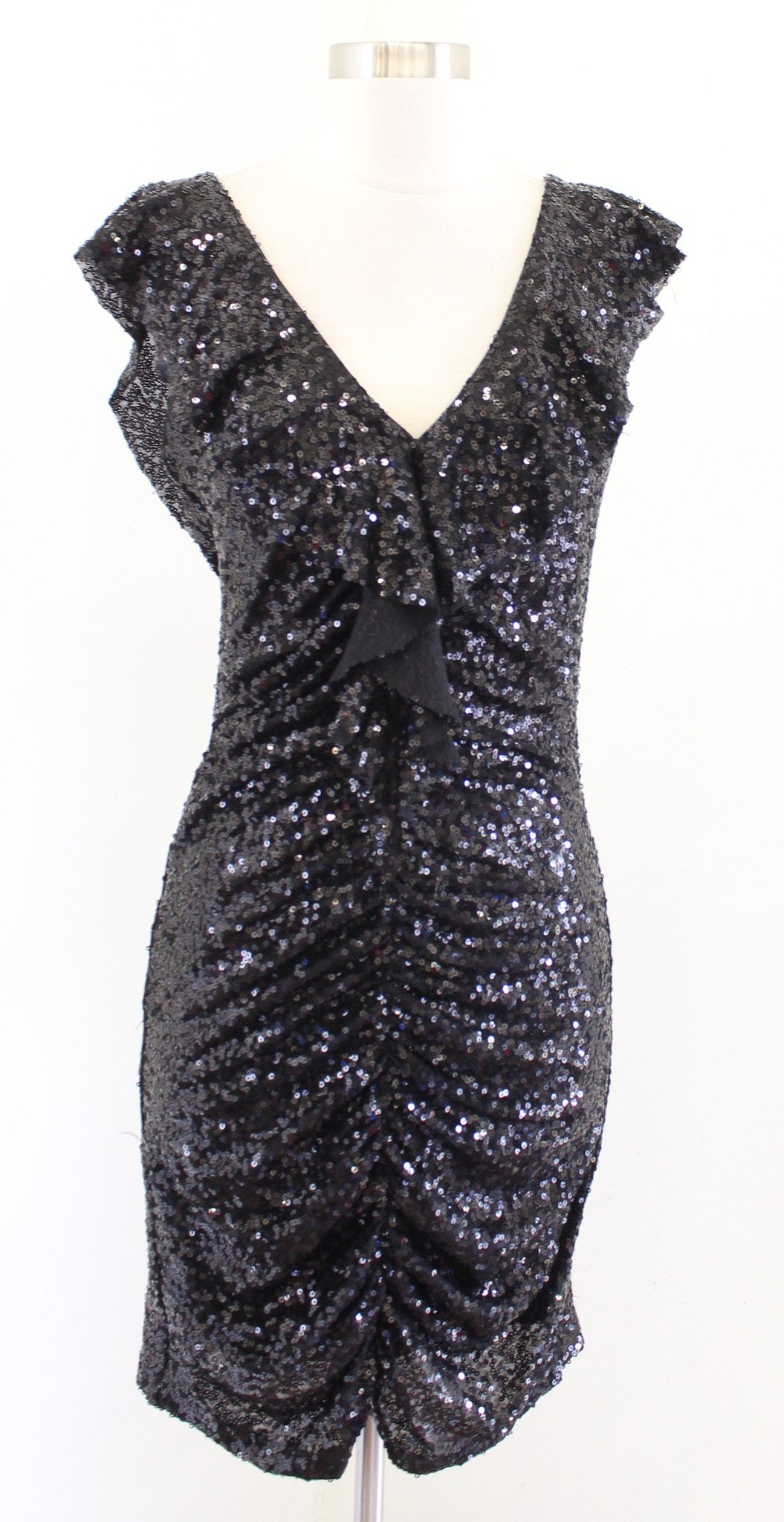 NWT $330 Badgley Mischka Mark James Black Sequin Ruched Ruffle Party Dress Sz L
