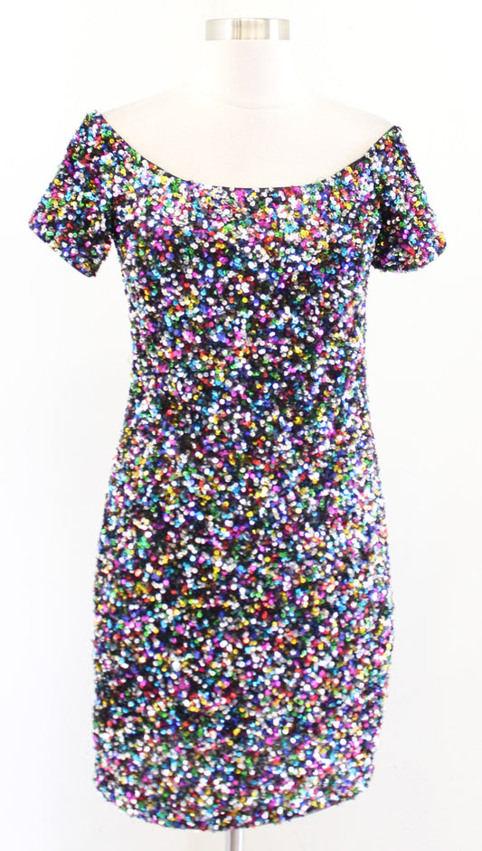 NWT Gianni Bini Zoe Confetti Rainbow Sequin Off the Shoulder Dress Party Size 4