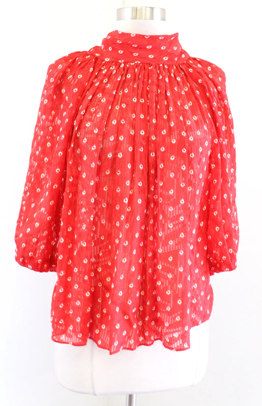 Rebecca Taylor Puff Sleeve Tie Neck Sunrise Dot Top Blouse Lava Red Size 6 Silk