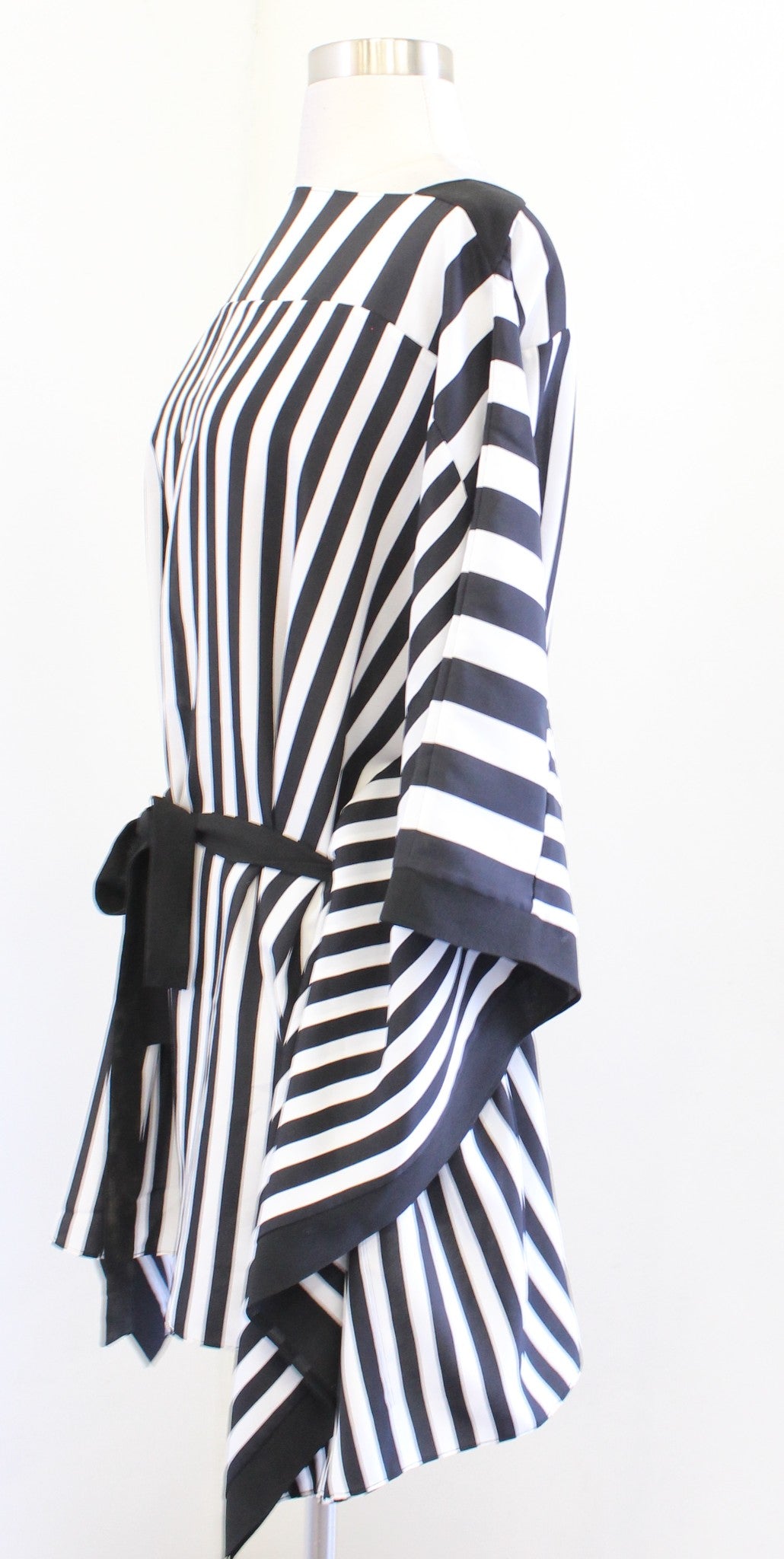 BCBG Max Azria Black White Striped Tie Waist Poncho Style Tunic Top Blouse XS S