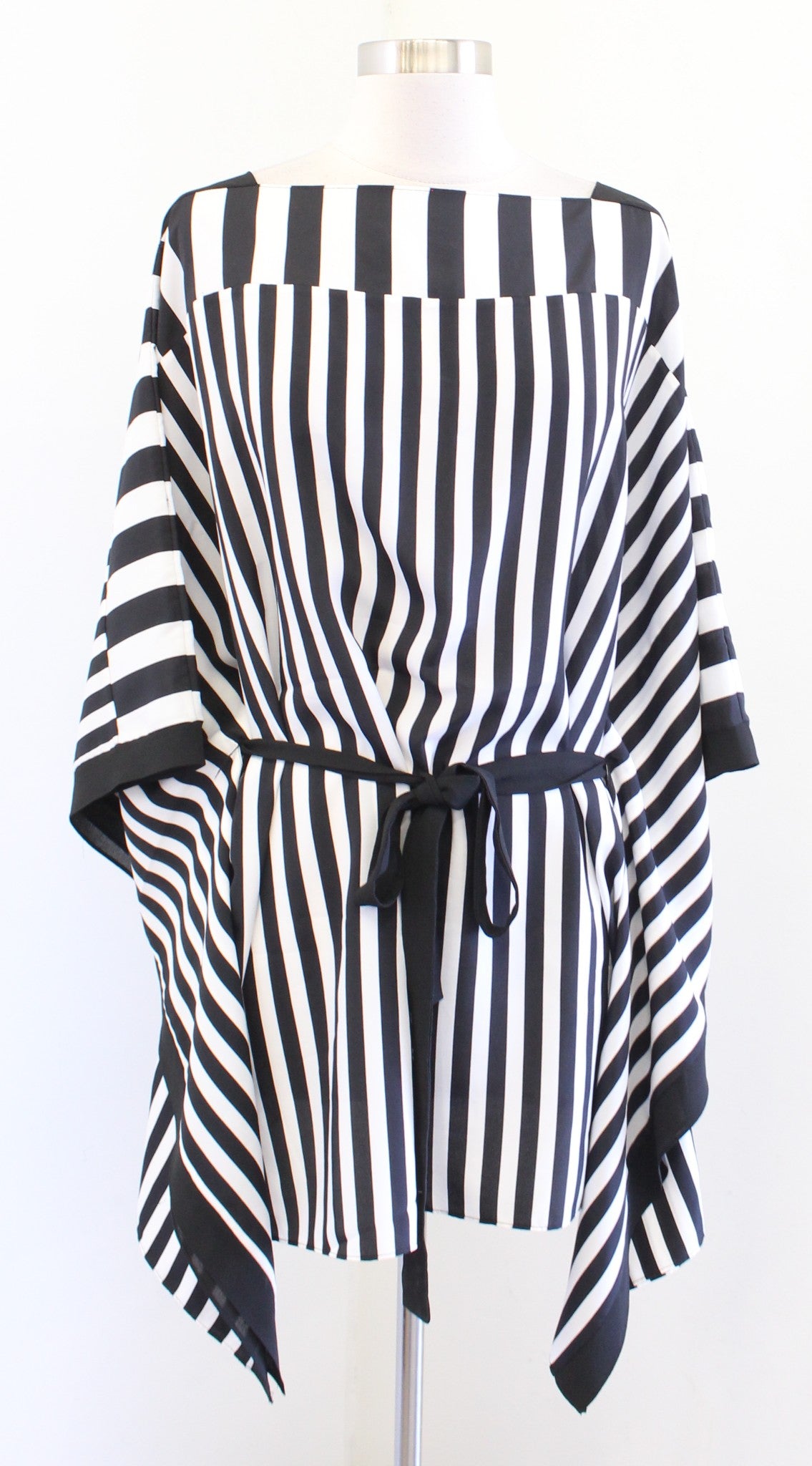 BCBG Max Azria Black White Striped Tie Waist Poncho Style Tunic Top Blouse XS S