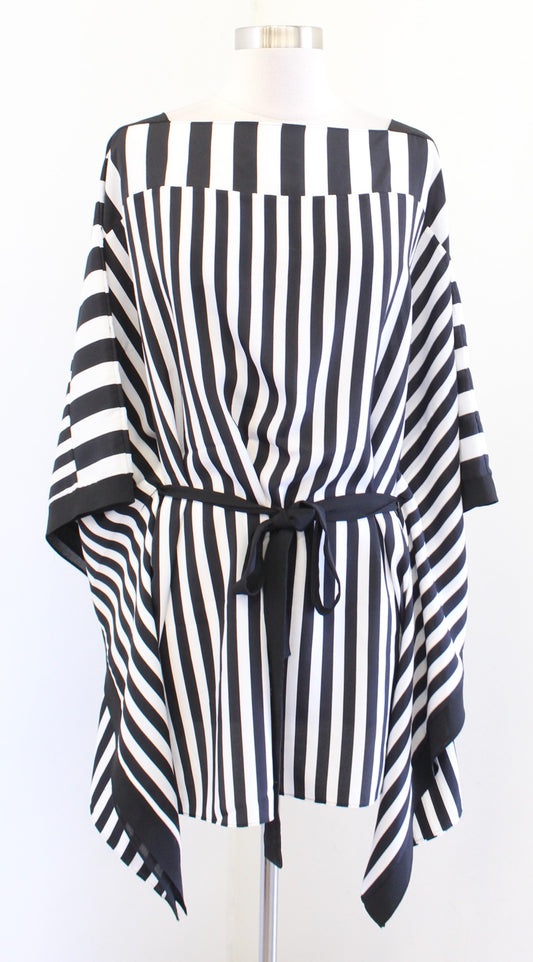BCBG Max Azria Black White Striped Tie Waist Poncho Style Tunic Top Blouse XS S