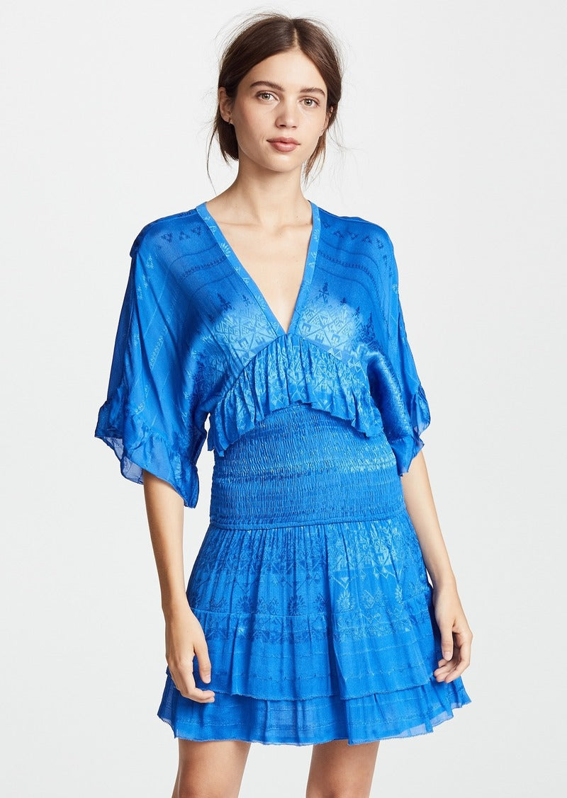 IRO Stacy Blue Geometric Embossed Shirred Waist Ruffle Dress Kimono Sleeve Sz 36