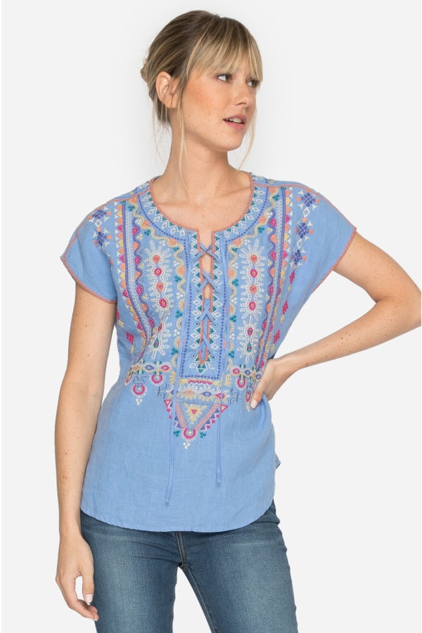 Johnny Was Annika Lace Up Embroidered Top Blouse Size S Blue Geometric Boho