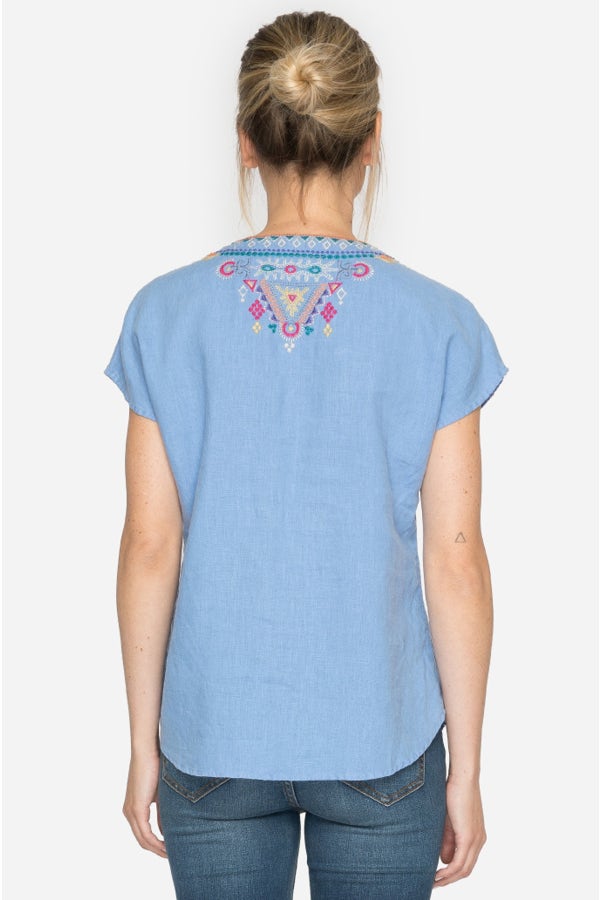 Johnny Was Annika Lace Up Embroidered Top Blouse Size S Blue Geometric Boho