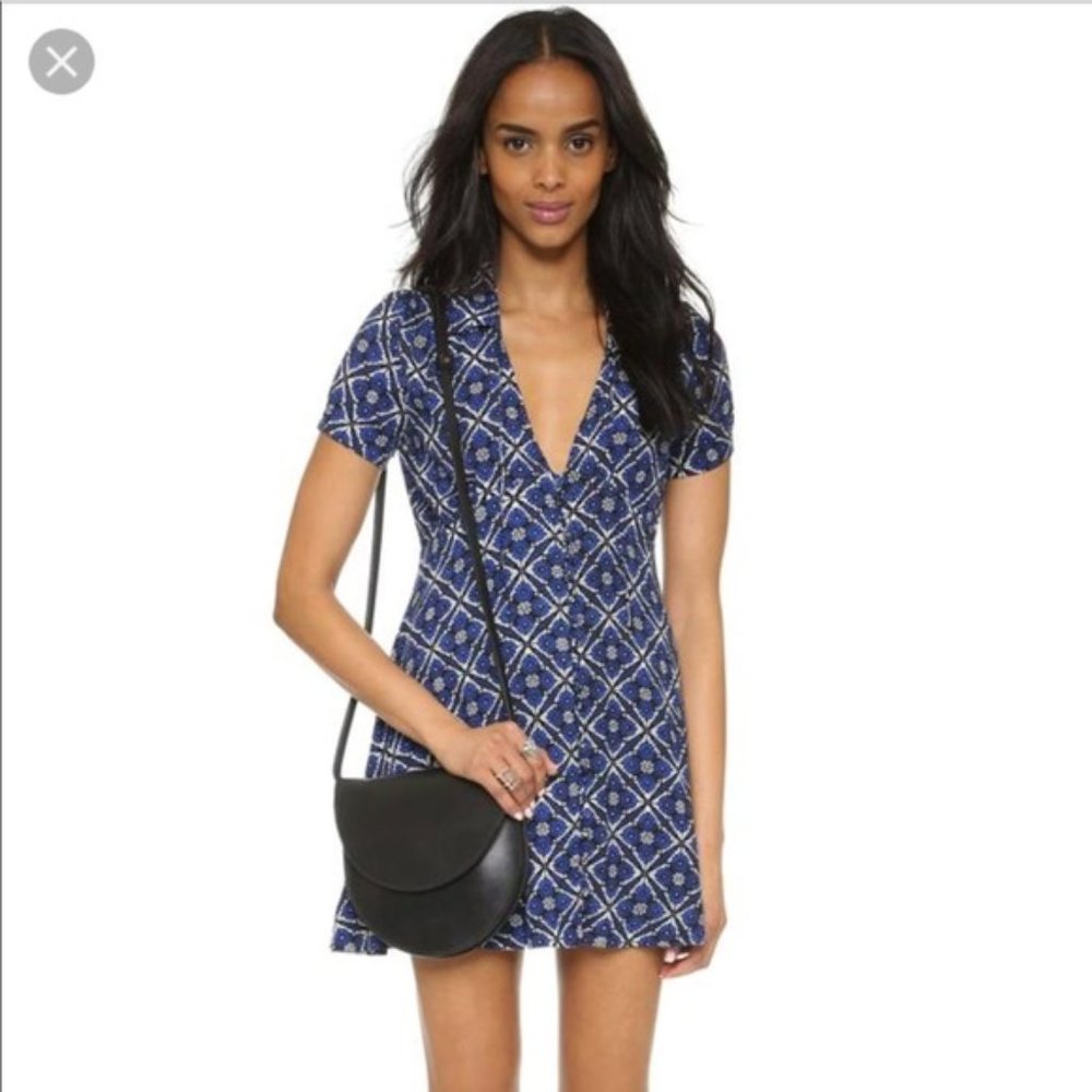 Free People Melody Blue Black Mosaic Geometric Mini Dress Size 2 V Neck