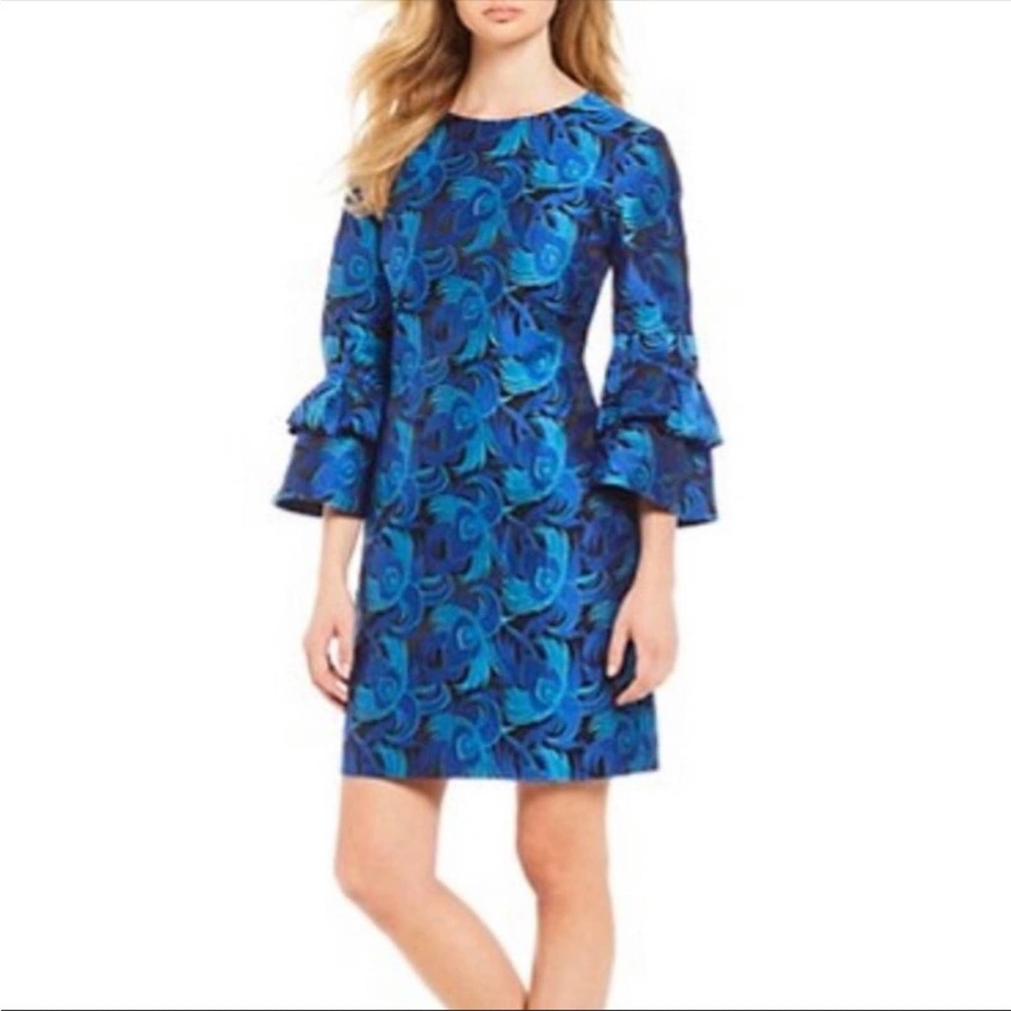 Belle Badgley Mischka Blue Peacock Feather Jacquard Bell Sleeve Cocktail Dress 2