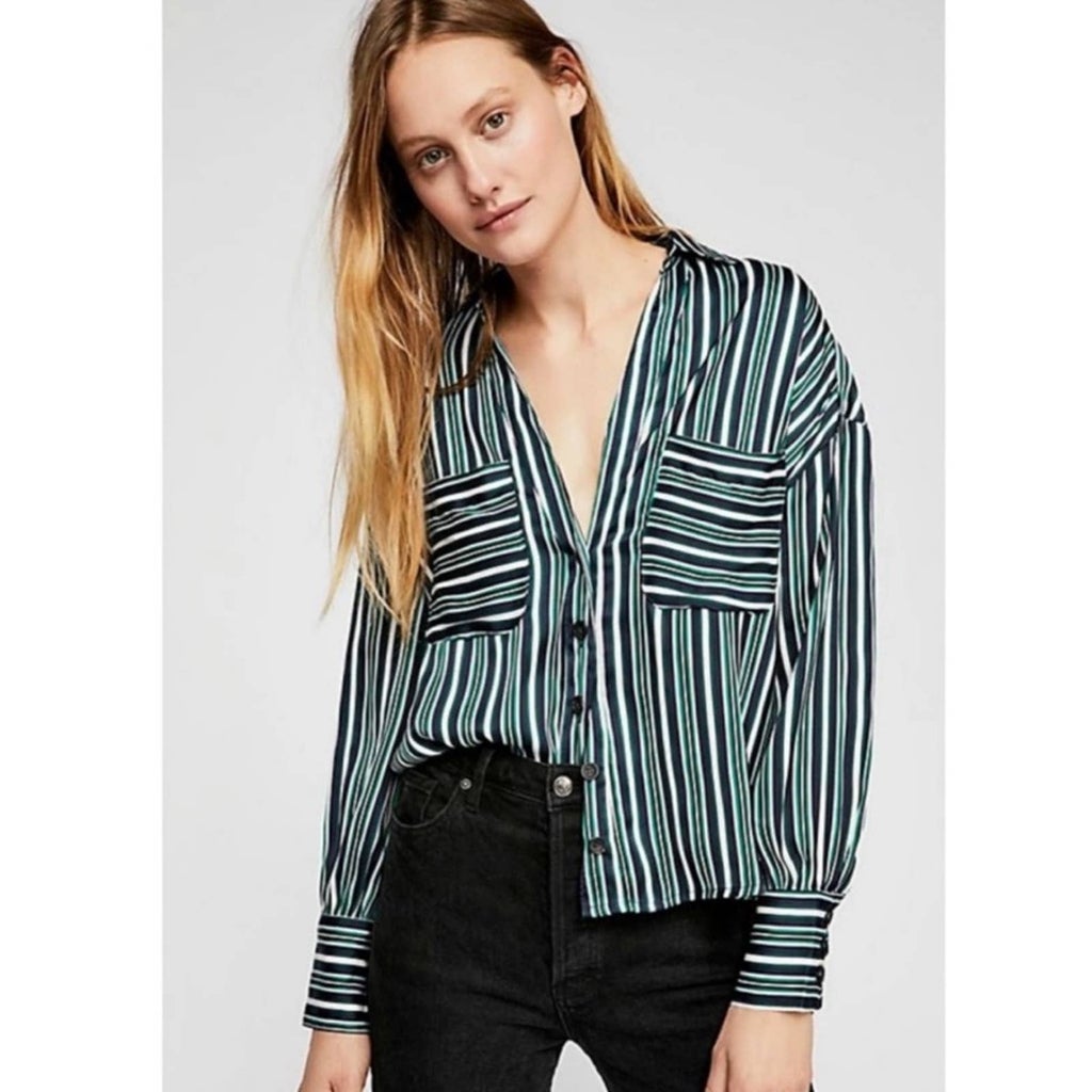 Free People Mad About You Striped Button Down Blouse Shirt Size S Green Navy Long Sleeve