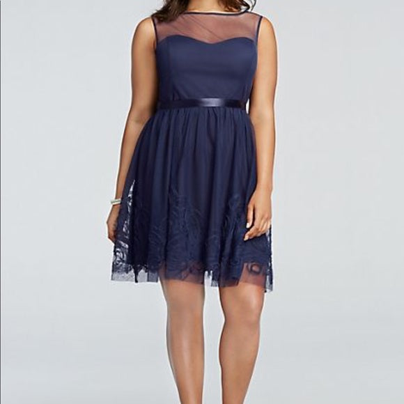 Eliza J Navy Blue Mesh Illusion Textured Fit and Flare Cocktail Party Dress Sz S