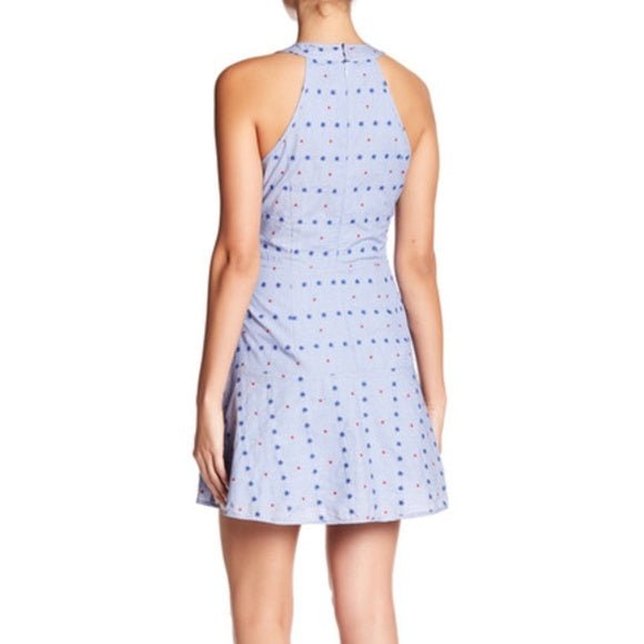 NWT $238 Parker Blue Embroidered Tie Waist A Line Dress Size L Star Sleeveless