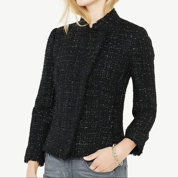 NWT Ann Taylor Black Shimmer Metallic Tweed Fringe Moto Blazer Jacket Sz 12 Wool