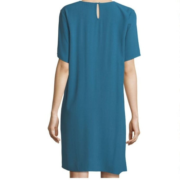 Eileen Fisher Teal Blue Short Sleeve Tencel Viscose Shift Dress Size S Solid