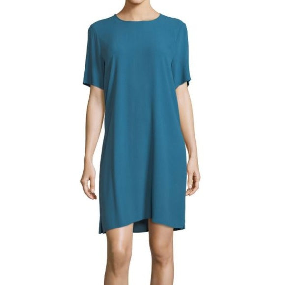 Eileen Fisher Teal Blue Short Sleeve Tencel Viscose Shift Dress Size S Solid