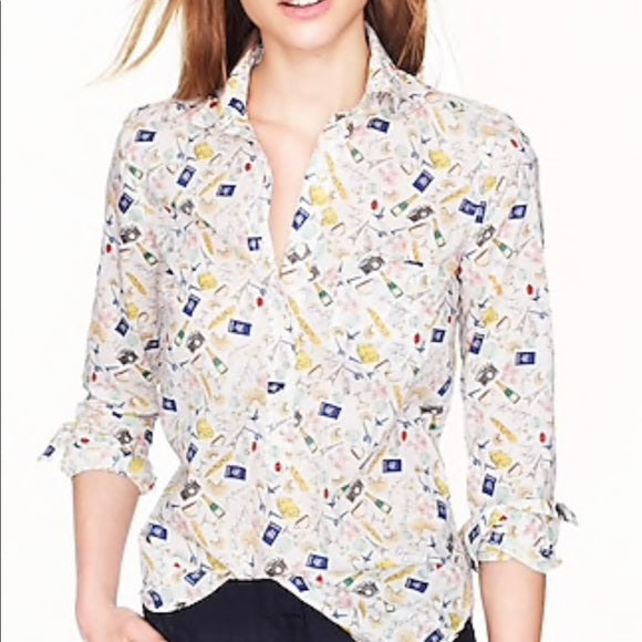 NWT J Crew White Novelty French Print Parisian Popover Blouse Top Size 2 Travel Long Sleeve