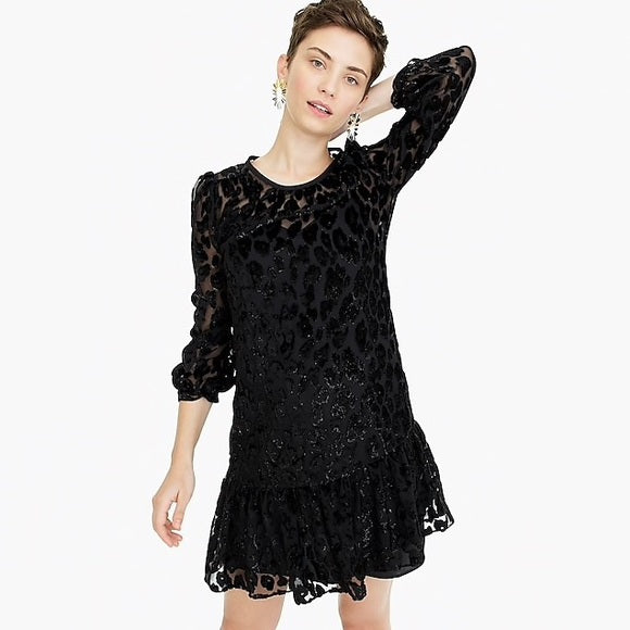 J Crew Black Metallic Leopard Burnout Velvet Shift Dress Flounce Hem Size 10P
