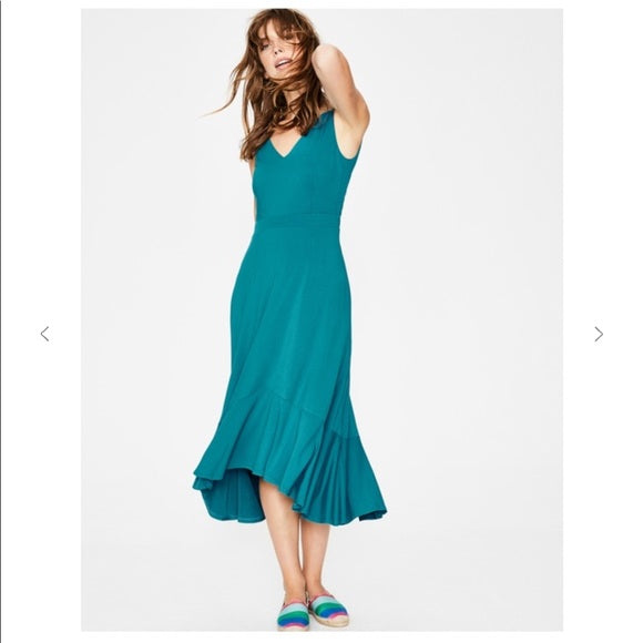 NWT Boden Elisa Teal Blue Jersey Hi Lo Flounce Midi Dress Size US 2P V Neck