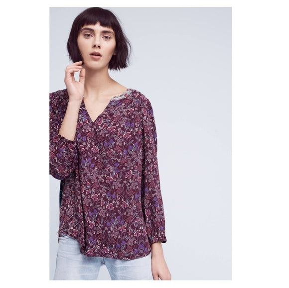 One September Anthropologie Caia Floral Pleated Top Blouse Size XS Burgundy