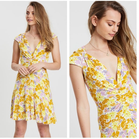 Free People Key to Your Heart Floral Ruched Knit Mini Dress Size S Yellow