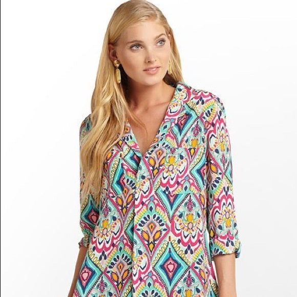 Lilly Pulitzer Boston Crown Jewels Silk Geometric Print Popover top Blouse Sz XS