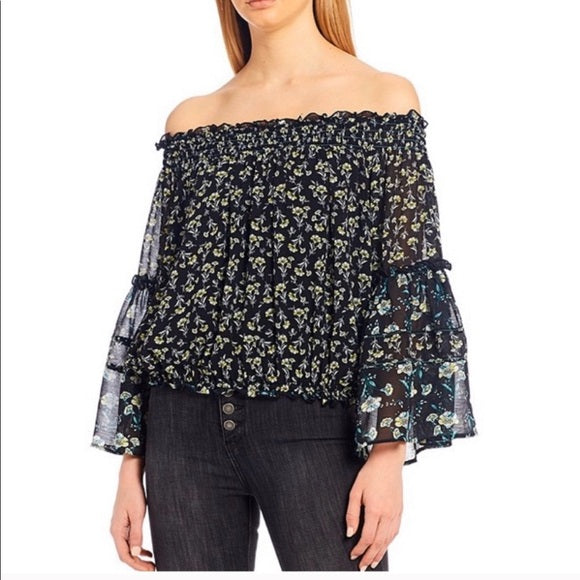 Free People Rose Valley Black Floral Print Off the Shoulder Bell Sleeve Top Sz S