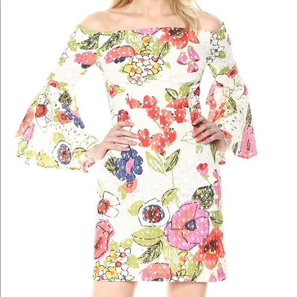 NWT Trina Turk Miley White Floral Lace Off the Shoulder Bell Sleeve Dress Size 6