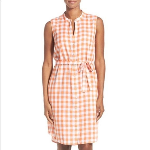 Tommy Bahama Orange White Gingham Plaid Tie Waist Shift Dress Sz S Button Front
