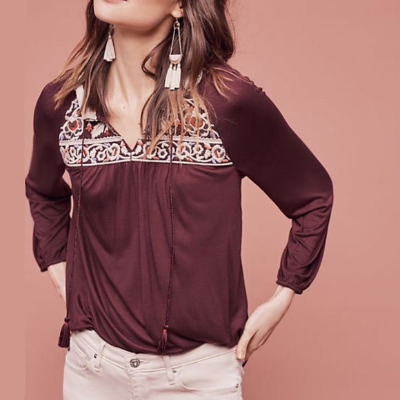 One September Anthropologie Nightingale Burgundy Embroidered Blouse Top Size XS Long Sleeve