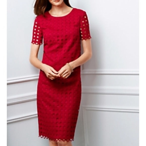 NWT Talbots Red Eyelet Circle Lace Short Sleeve Shift Dress Size 2P Casual