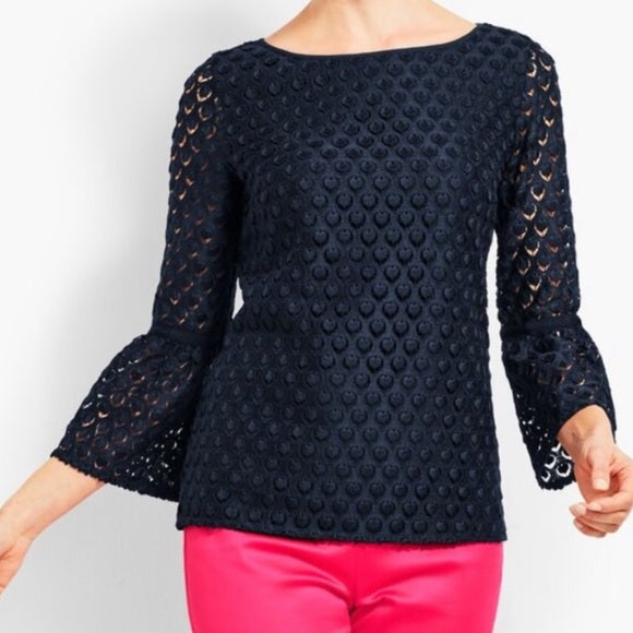 NWT Talbots RSVP Navy Blue Eyelet Lace Bell Sleeve Top Blouse Size L Evening
