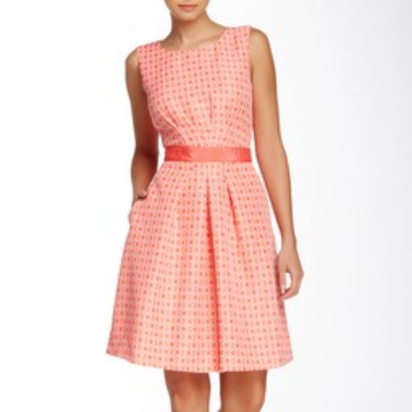 NWT Tahari ASL Levine Coral White Geometric Print Fit and Flare Dress Size 12