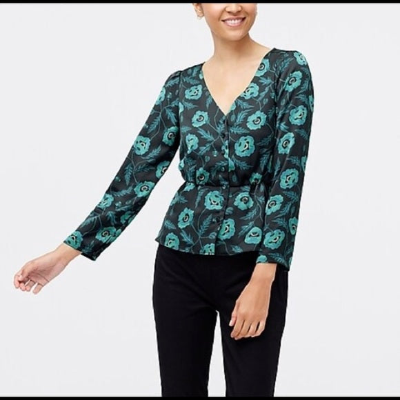 J Crew Black Teal Green Poppy Floral Print Satin Peplum Top Blouse Size 2