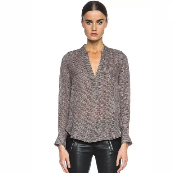 VINCE Tan Brown Diagonal Print Silk Placket Blouse Top Size 0 Geometric V Neck