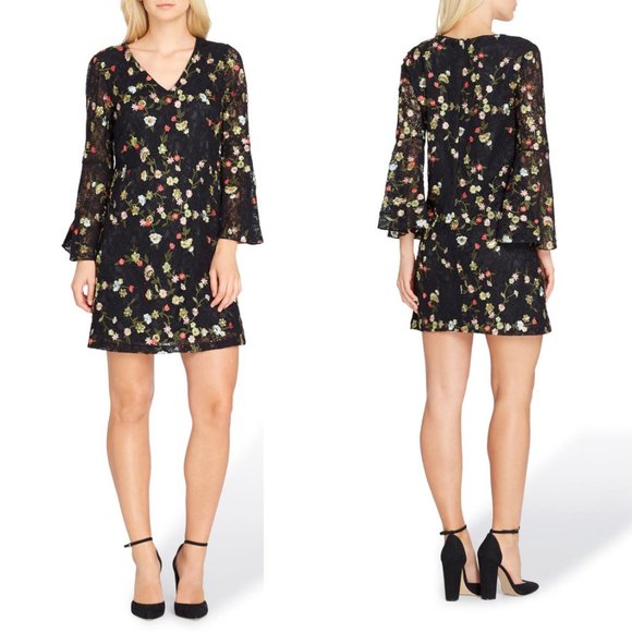 Tahari ASL Levine Black Lace Floral Embroidered Sequin Bell Sleeve Dress Size 12