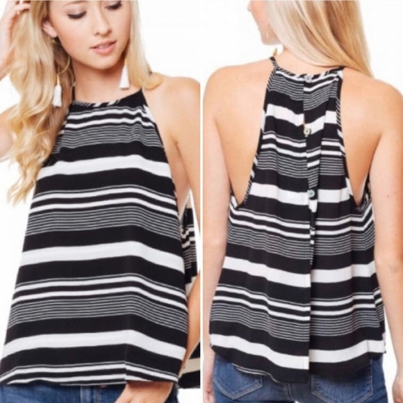 Show Me Your Mumu Selena Black Stripe Button Split Back Halter Tank Top Blouse S