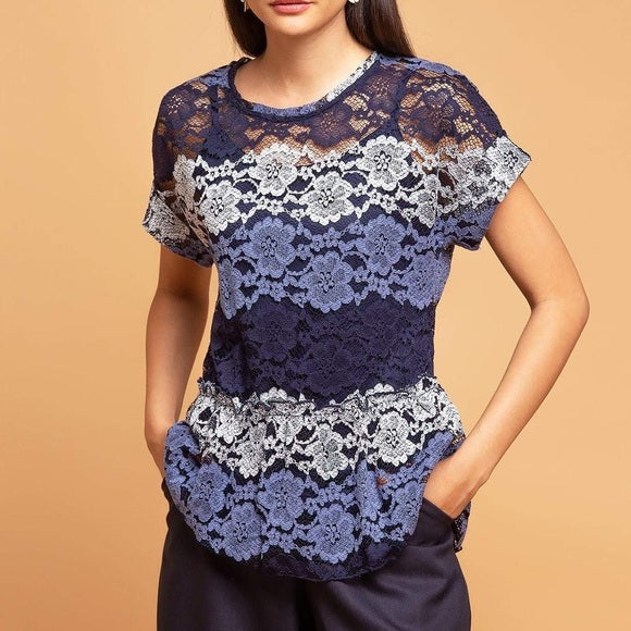 Eva Franco Anthropologie Sheer Striped Lace Peplum Top Blouse Size L Navy Blue Short Sleeve