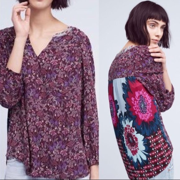 One September Anthropologie Caia Floral Pleated Top Blouse Size XS Burgundy