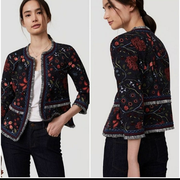 Ann Taylor Loft Navy Blue Strawberry Floral Print Fringe Open Blazer Jacket Sz 2