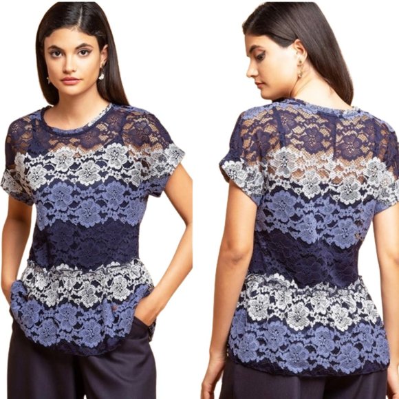 Eva Franco Anthropologie Sheer Striped Lace Peplum Top Blouse Size L Navy Blue Short Sleeve