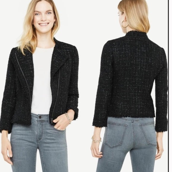 NWT Ann Taylor Black Shimmer Metallic Tweed Fringe Moto Blazer Jacket Sz 12 Wool