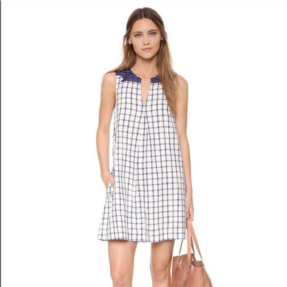 Madewell Sunray Window Pane Plaid Printed Embroidered Shift Dress Size S Linen