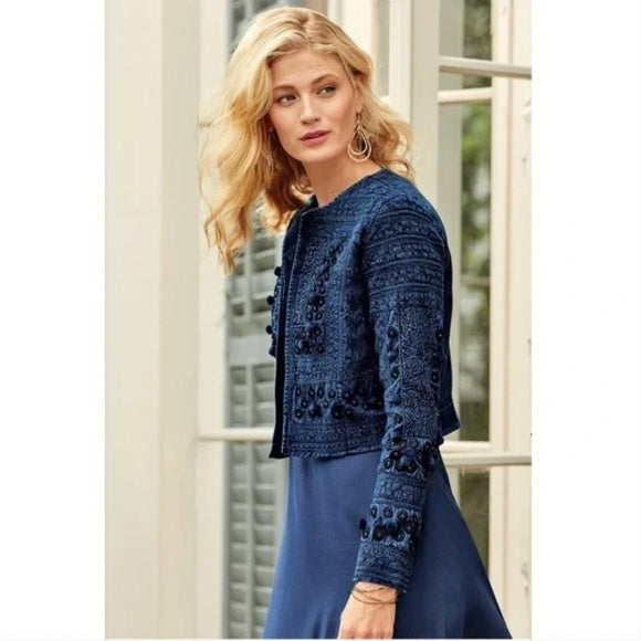 NWT Soft Surroundings Theodora Indigo Blue Embroidered Beaded Bolero Jacket Sz S