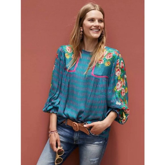 Blank London Anthropologie Miranda Teal Blue Floral Peasant Top Blouse Size S Long Sleeve