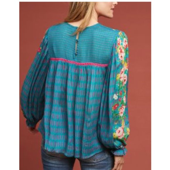 Blank London Anthropologie Miranda Teal Blue Floral Peasant Top Blouse Size S Long Sleeve