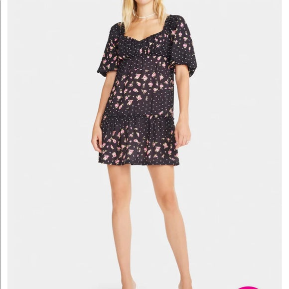 NWT Betsey Johnson Rosy Dots Floral Polka Dot Puff Sleeve Mini Dress Black Sz S