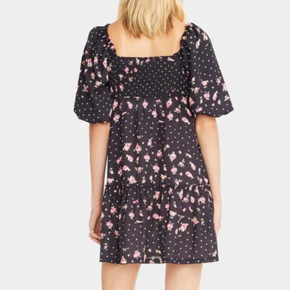 NWT Betsey Johnson Rosy Dots Floral Polka Dot Puff Sleeve Mini Dress Black Sz S