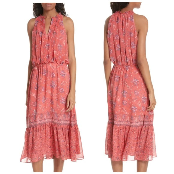 Joie Chara Silk Coral Floral Print Tiered Midi Maxi Dress Size XS Sleeveless