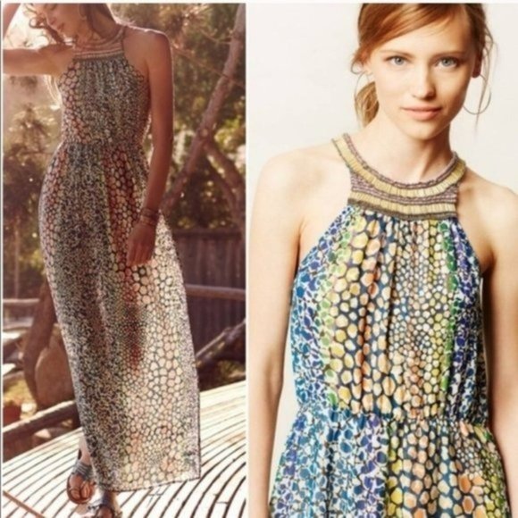 HD in Paris Anthropologie Mayacamas Beaded Halter Maxi Dress Size 0 Printed Boho