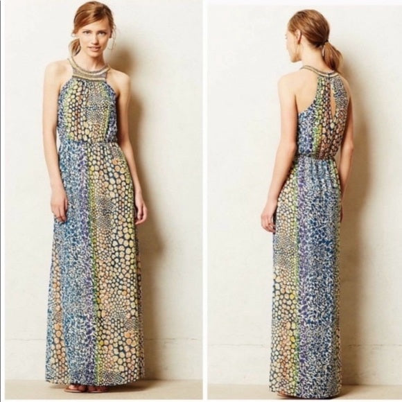 HD in Paris Anthropologie Mayacamas Beaded Halter Maxi Dress Size 0 Printed Boho